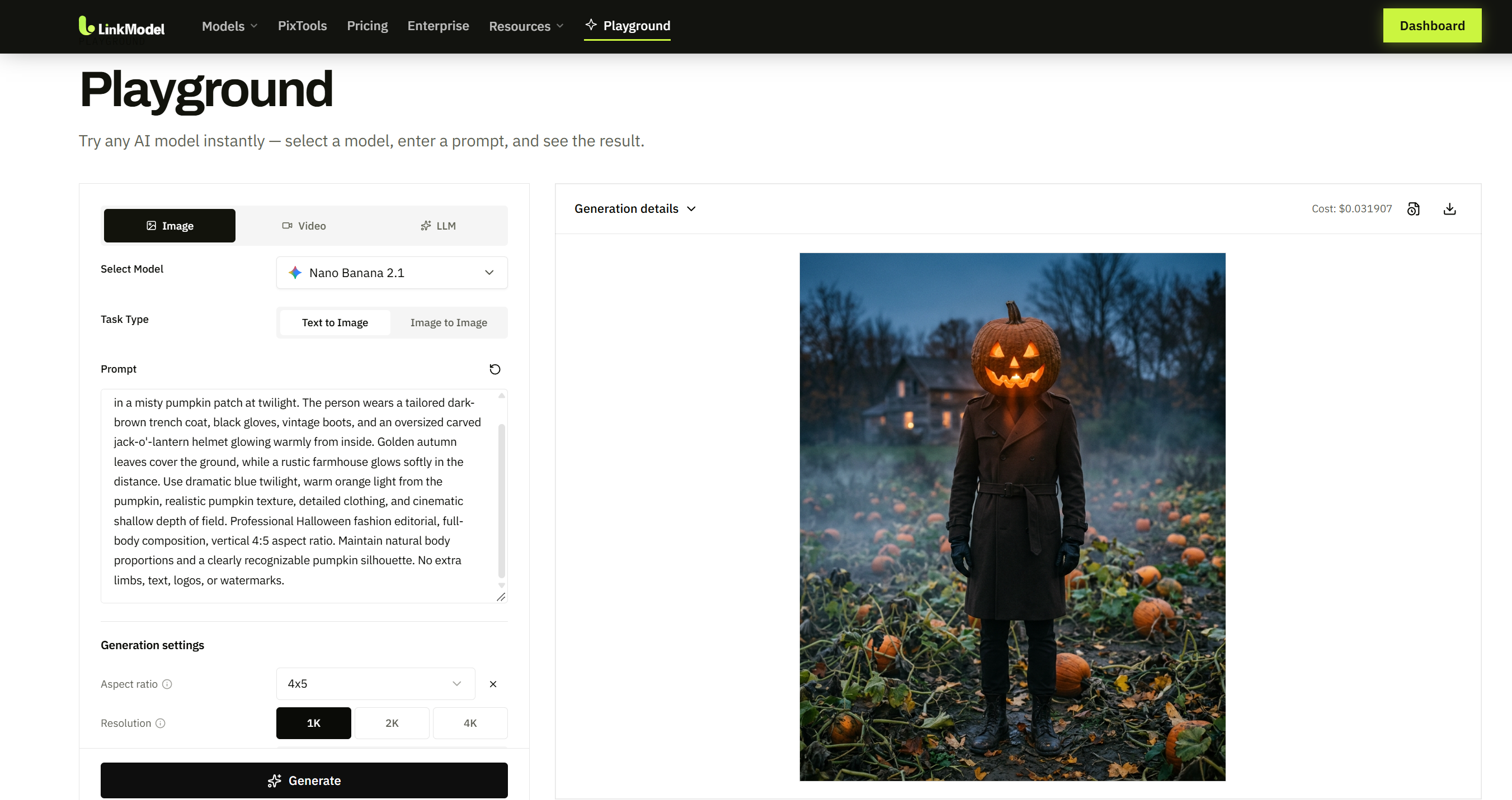 Cinematic Halloween pumpkin-head portrait featuring a glowing jack-o'-lantern helmet and a misty autumn pumpkin patch.